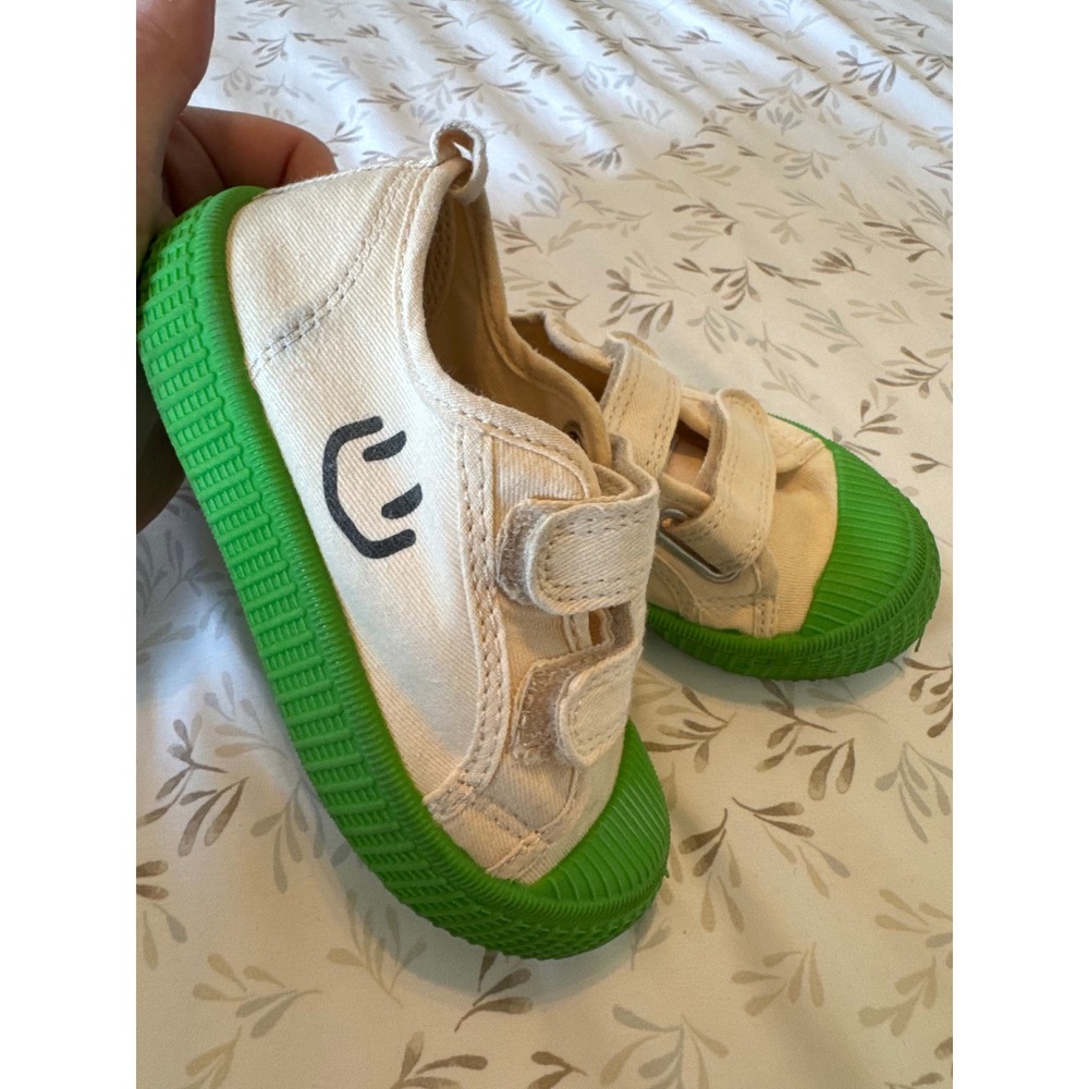 Happy Nocnoc Kids Cream Green Canvas Smiley Face Sneakers EU 26 Hook Loop Strap